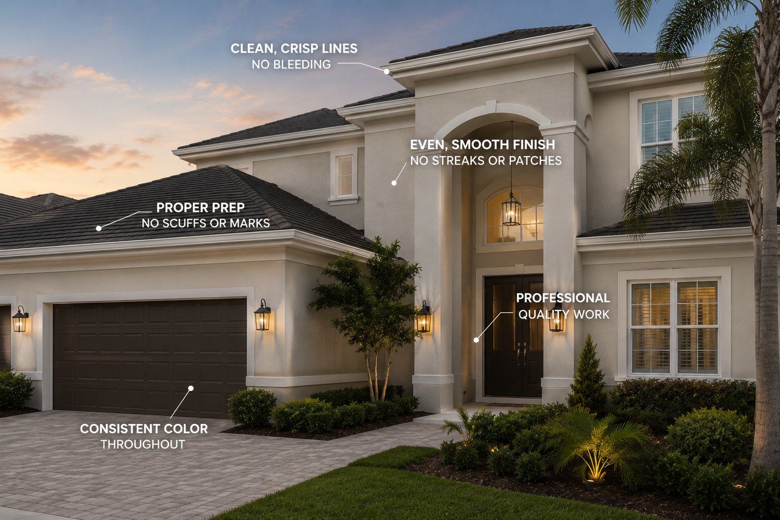 Freshly painted two-story home exterior at dusk