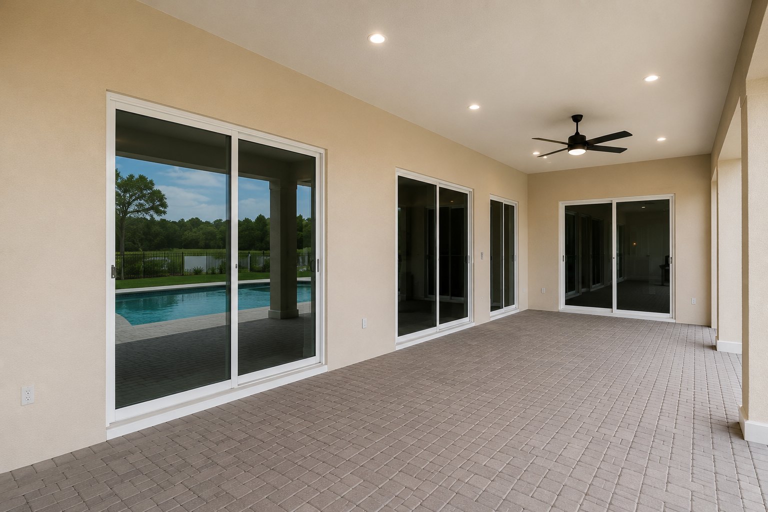 Covered patio exterior with fresh stucco finish