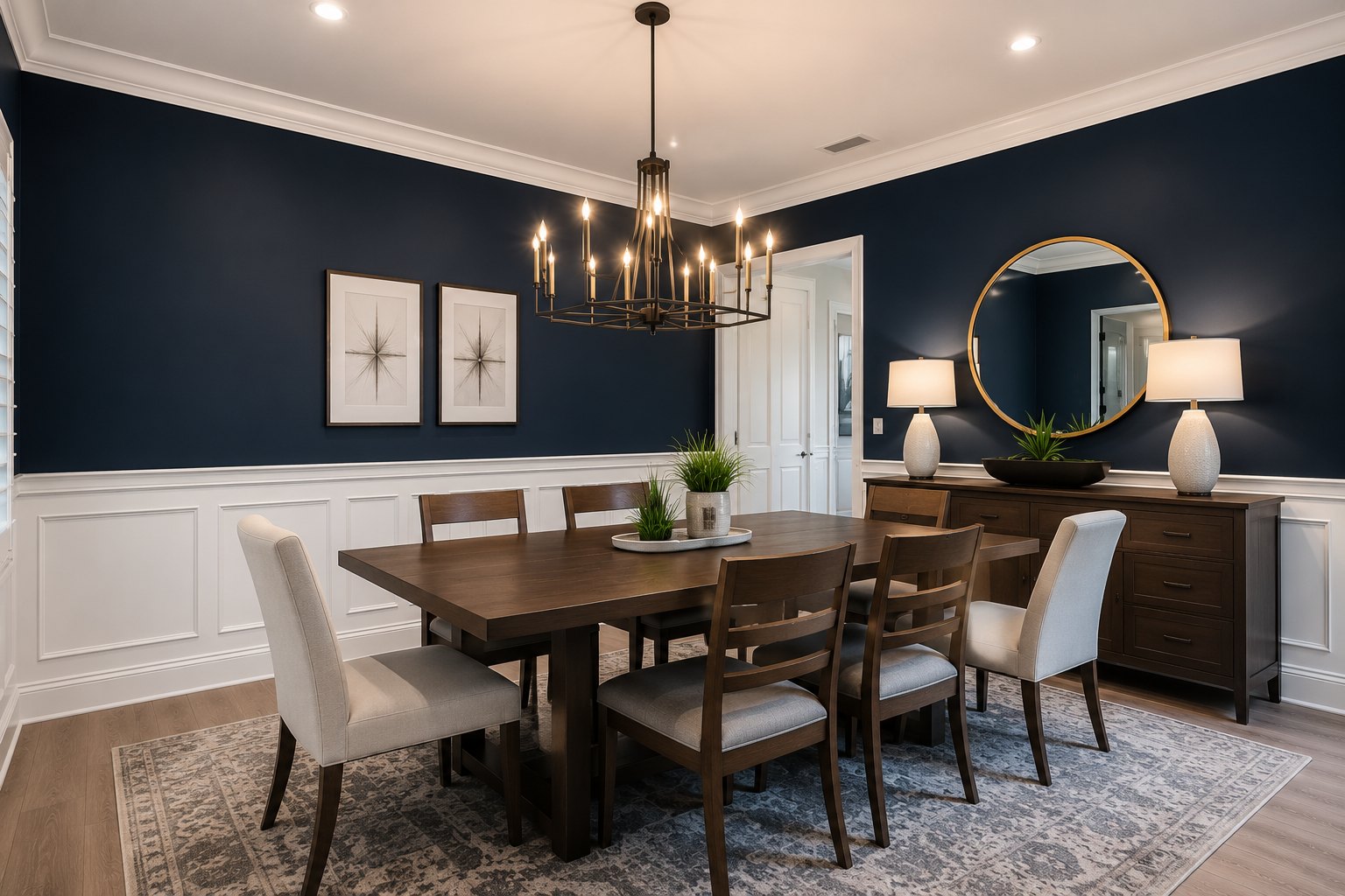 Dining room with navy accent walls and white trim
