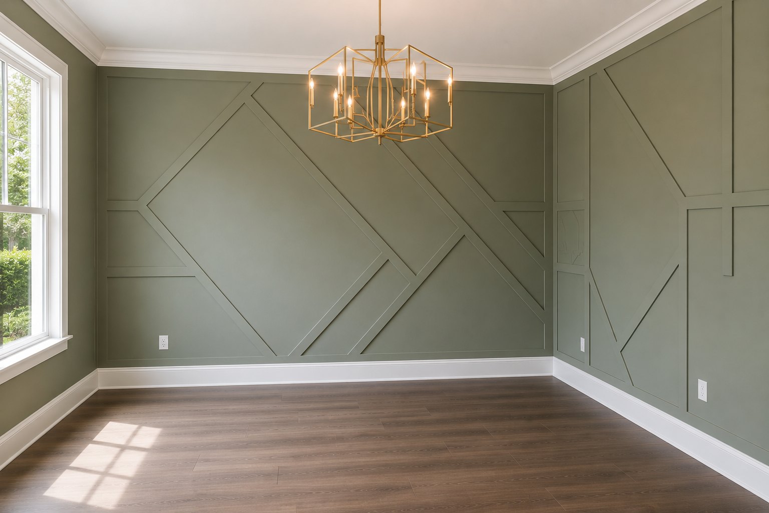 Room with custom green geometric accent wall